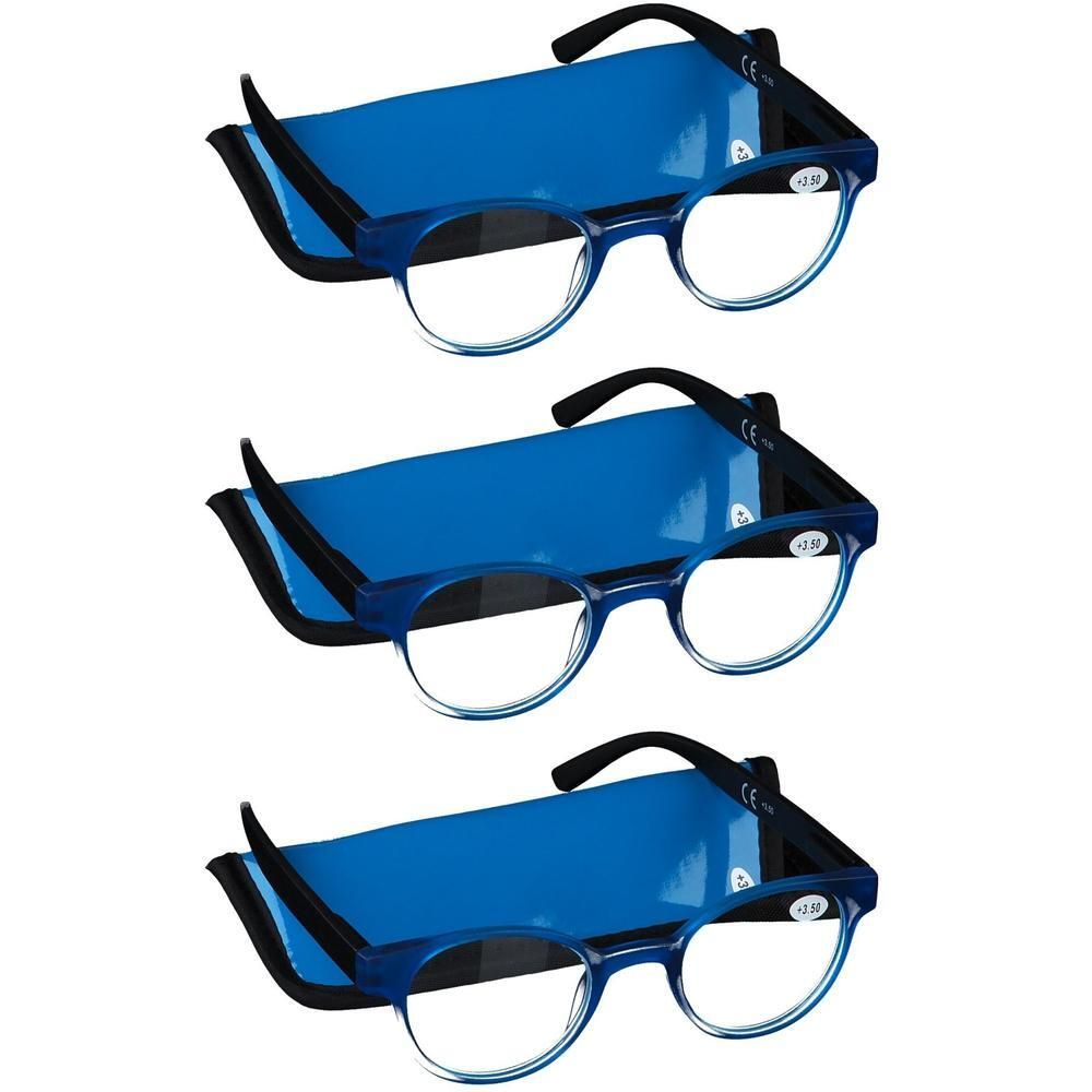 Drie blauwe leesbrillen met zwarte pootjes en blauwe etuis. CE-markering en +0.50 op het montuur.