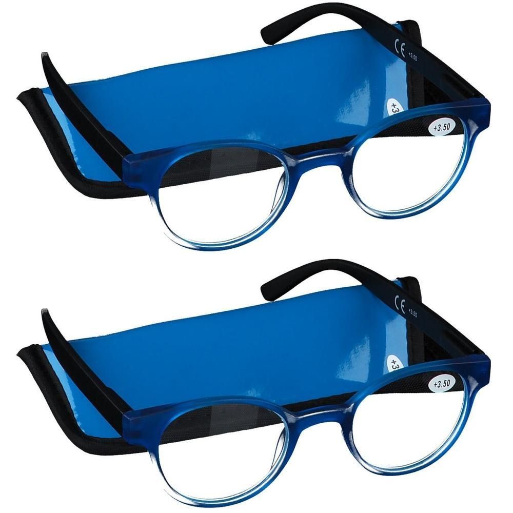 Twee blauwe leesbrillen met +3.50 dioptrie en CE-markering.