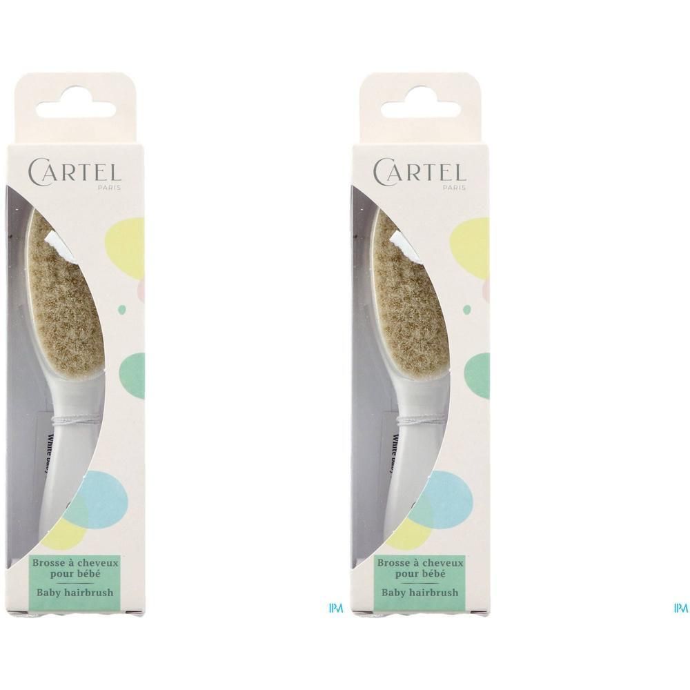 Deux brosses à cheveux pour bébé Cartel Paris, emballage blanc avec des points colorés.