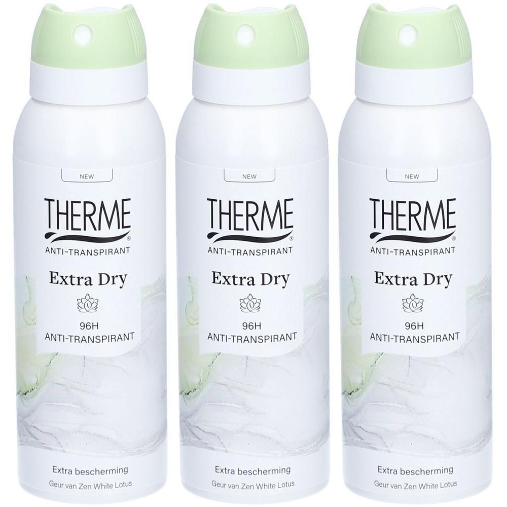 Trois bombes aérosols blanches avec capuchons vert clair, étiquetées THERME Extra Dry Anti-Transpirant.