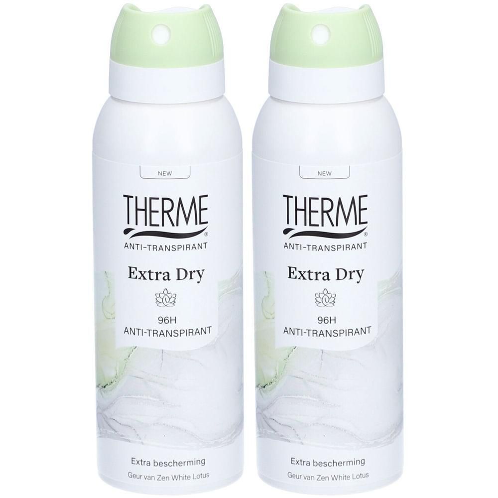Deux canettes Therme Anti-Transpirant Extra Dry avec bouchons vert clair. Canettes blanches avec inscription noire et verte.