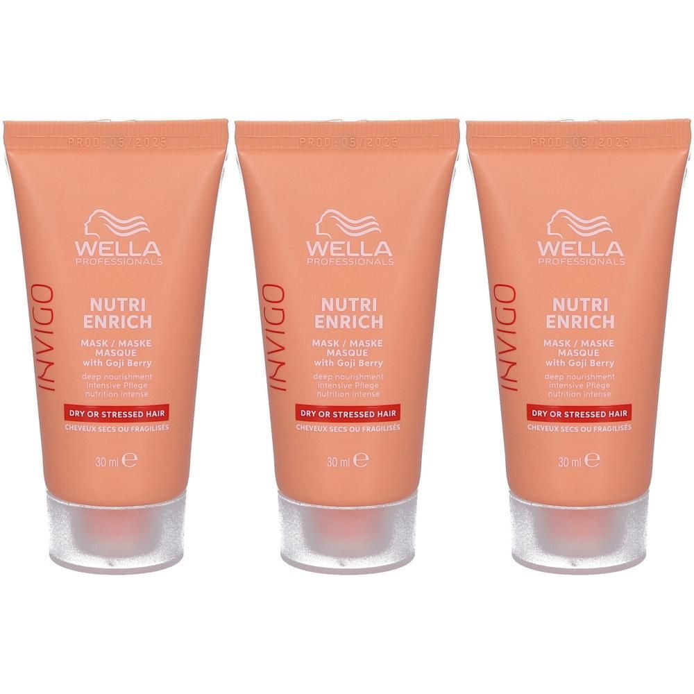 Drie Wella Professionals Invigo Nutri Enrich haarmaskers in perziktinten, 30 ml.