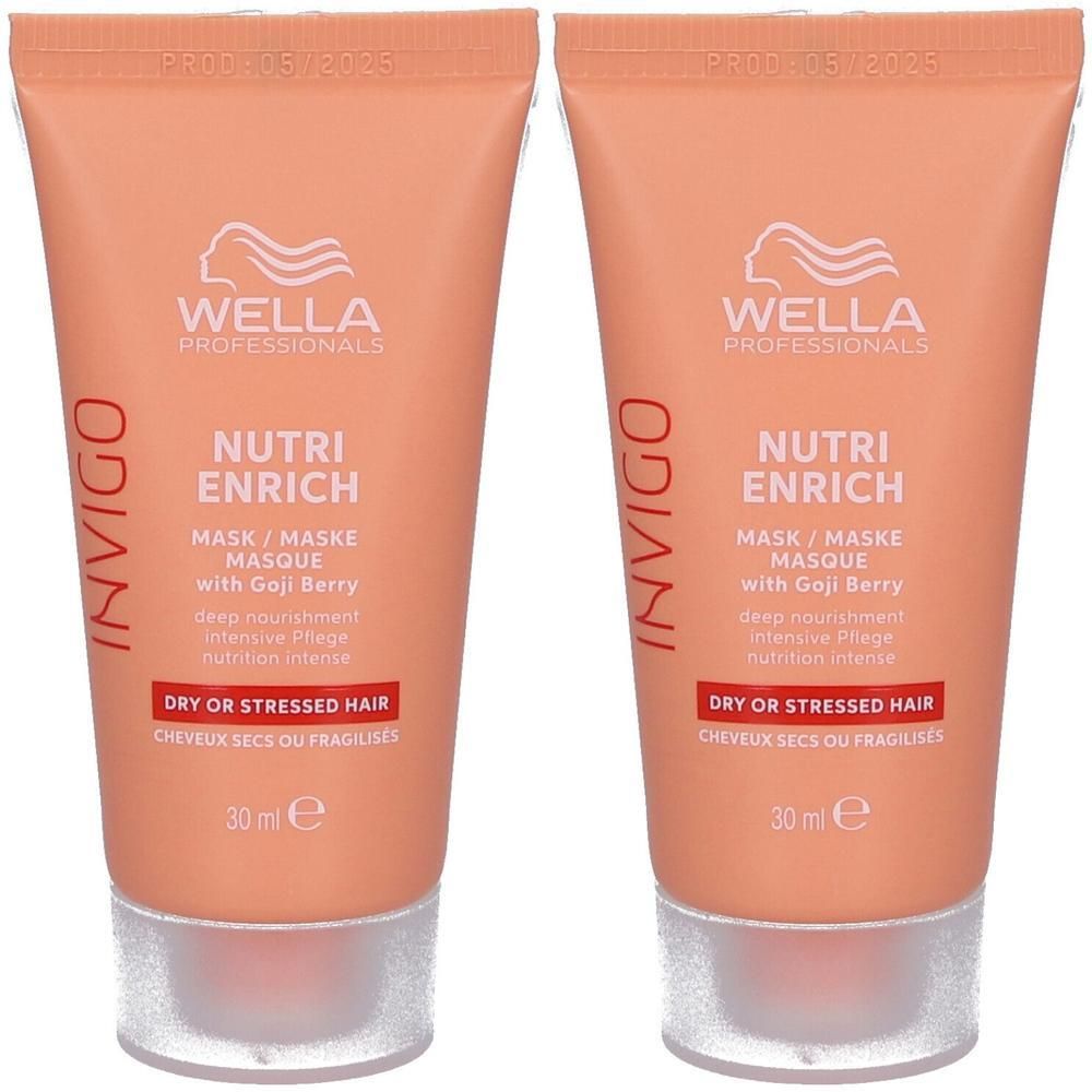 Deux masques capillaires Wella Professionals Invigo Nutri Enrich, 30 ml, pour cheveux secs ou stressés.