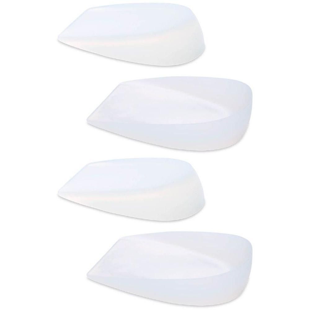 Vier witte siliconen hielkussentjes met ergonomische vorm voor schokabsorptie.