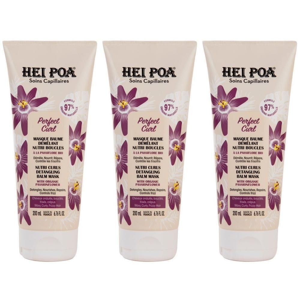 Drie tubes Hei Poa Perfect Curl Masque Baume Démêlant Nutri Boucles met paars bloemenpatroon.