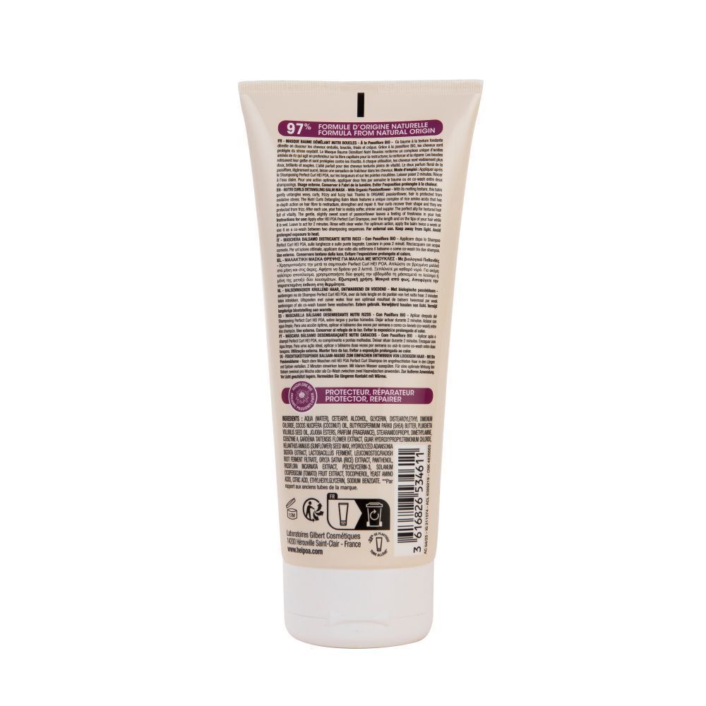 Achterkant van een tube Hei Poa Perfect Curl Masque Baume Démêlant Nutri Boucles met ingrediënten en instructies.
