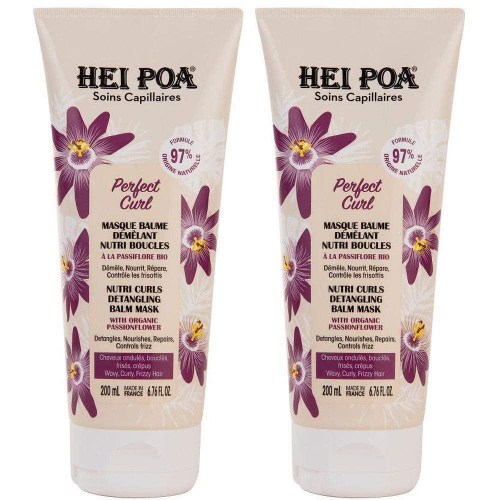 Twee tubes Hei Poa Perfect Curl Masque Baume Démêlant Nutri Boucles met passiebloemmotief.