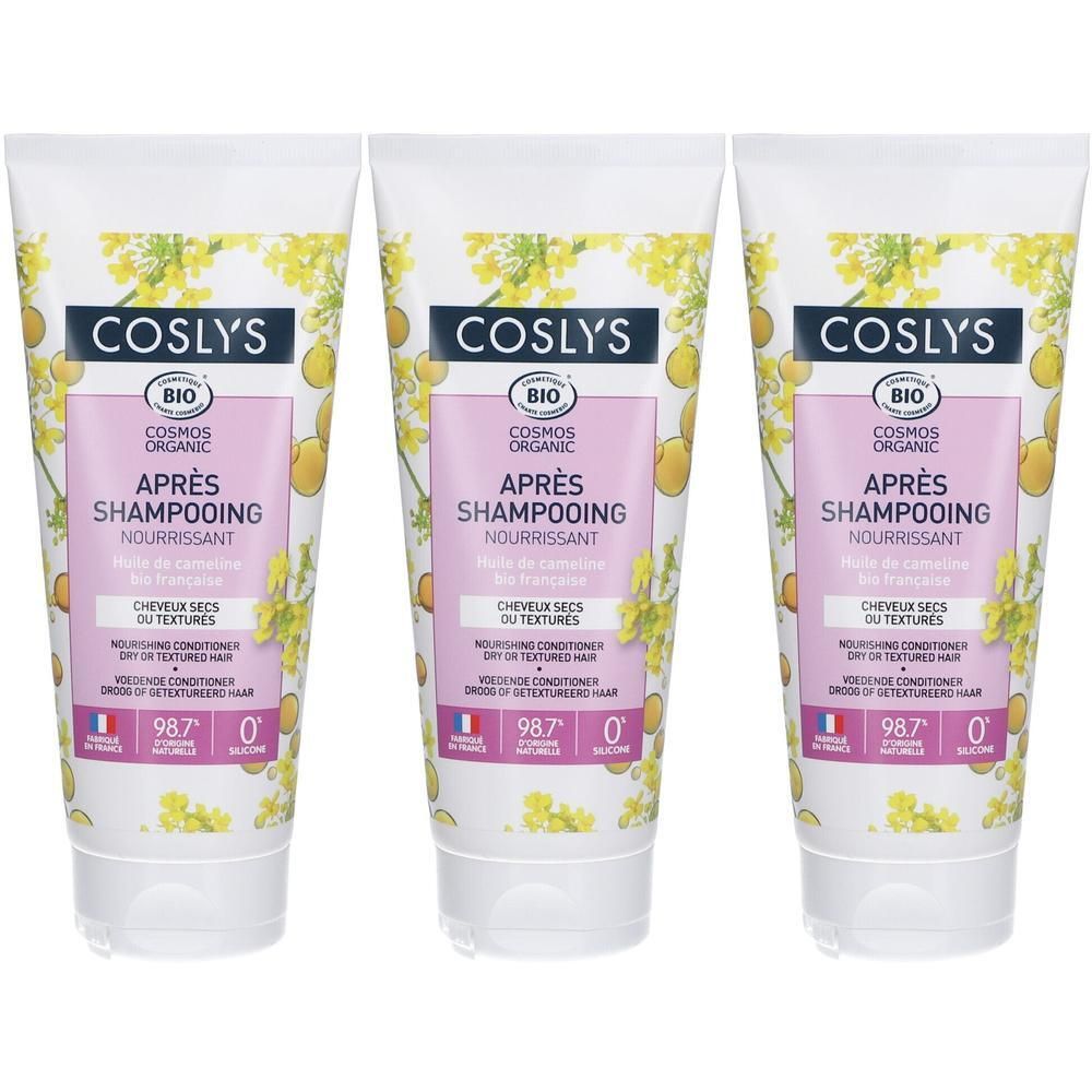 Trois tubes de Coslys Bio Après-Shampoing pour cheveux secs à l'huile de colza.