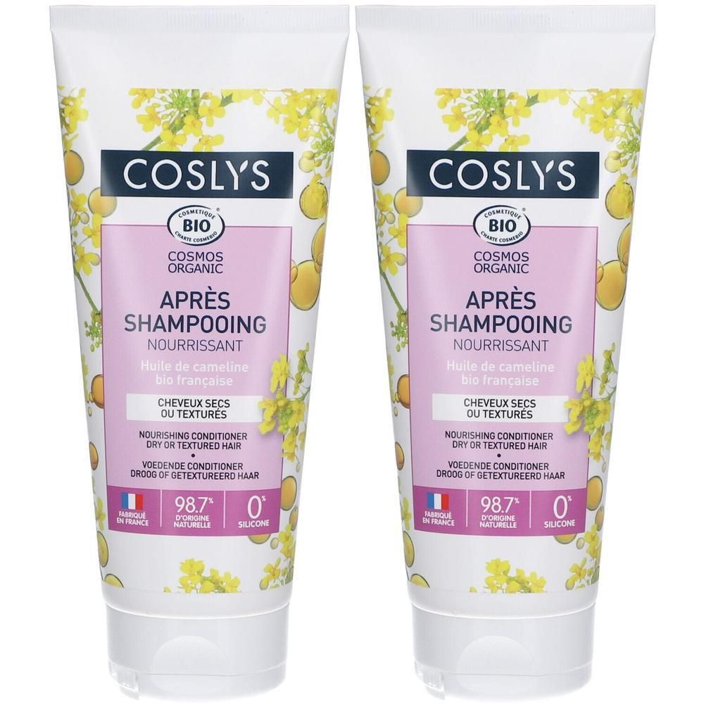 Deux tubes de Coslys Après Shampooing Nourrissant pour cheveux secs. Certifié Bio, 98,7% d'ingrédients naturels.