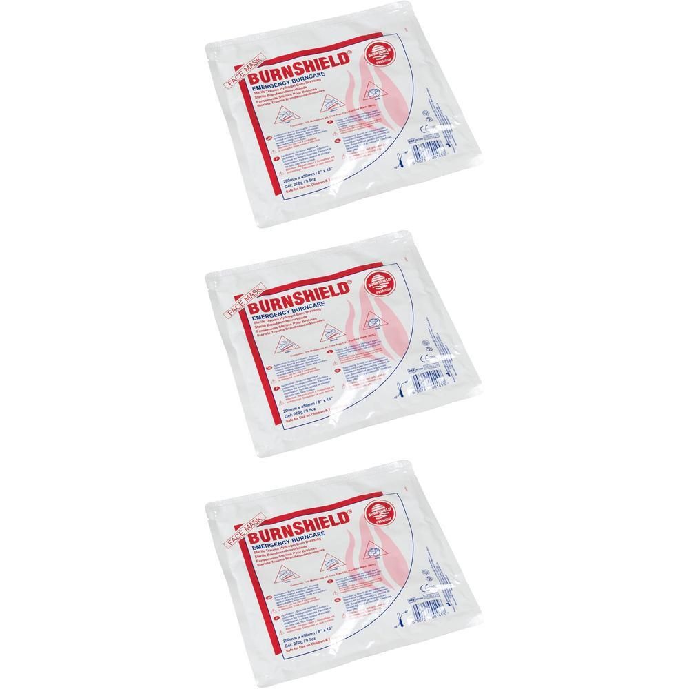 Trois pansements Burnshield pour brûlures, emballés individuellement.