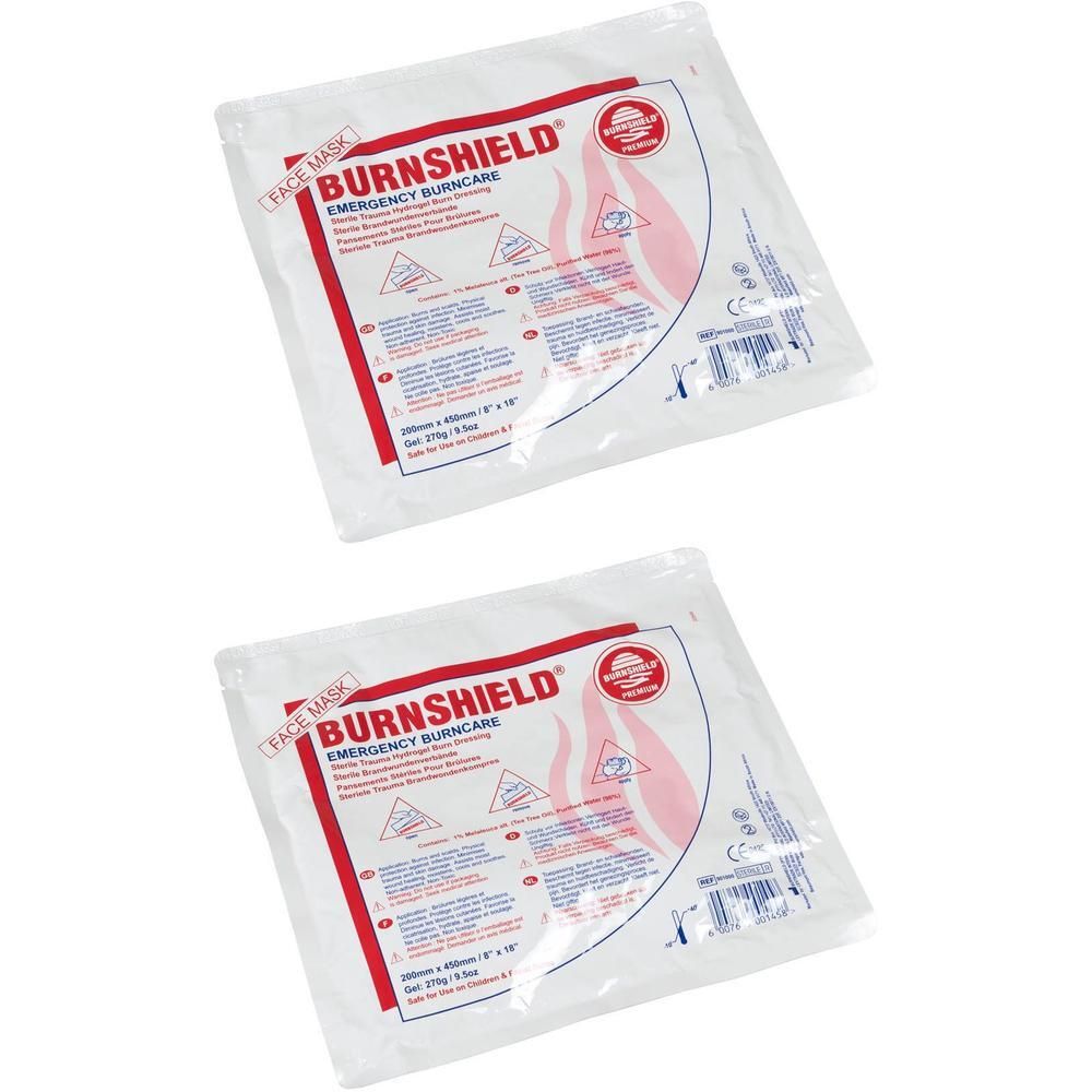 Twee Burnshield noodgezichtsmaskers individueel verpakt. Vlam-symbool en CE-markering.