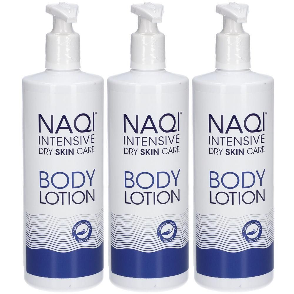 Drie witte pompflesjes NAQI Intensive Dry Skin Care Body Lotion met blauwe golvende lijnen.