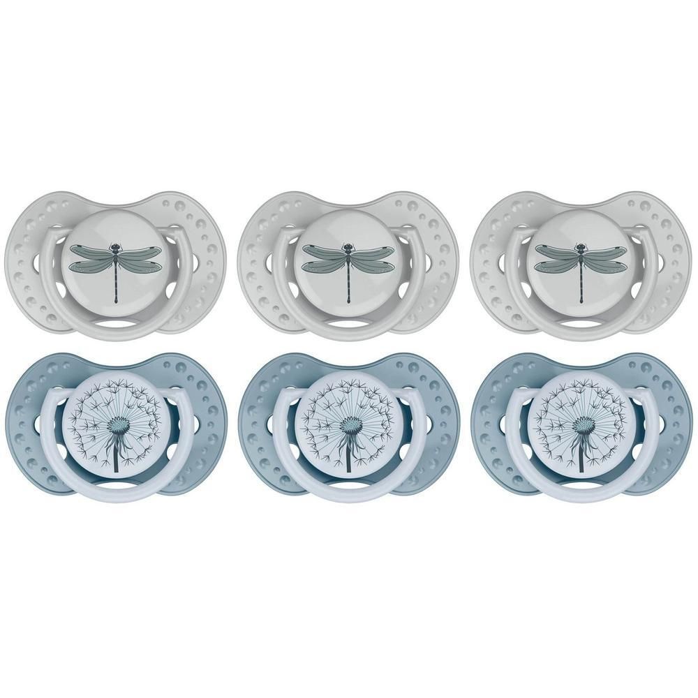 Six sucettes : trois gris clair avec motif libellule, trois bleues avec motif pissenlit.