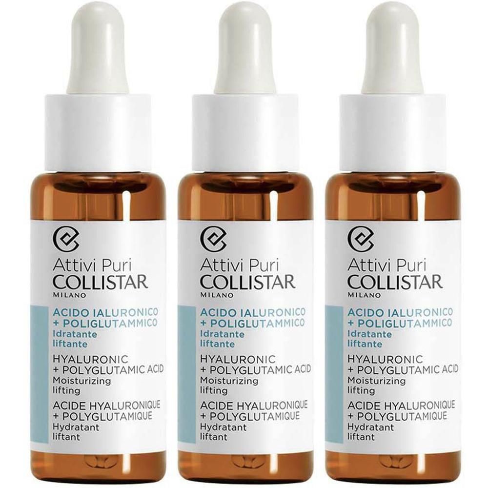Drie flesjes Collistar Hyaluronzuur + Polyglutaminezuur Hydraterend Lifting Serum.