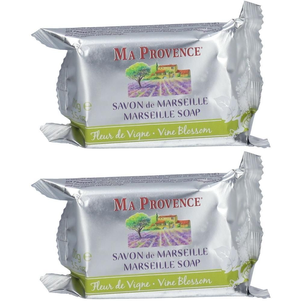 Deux savons Ma Provence Savon de Marseille, parfum Fleur de Vigne.