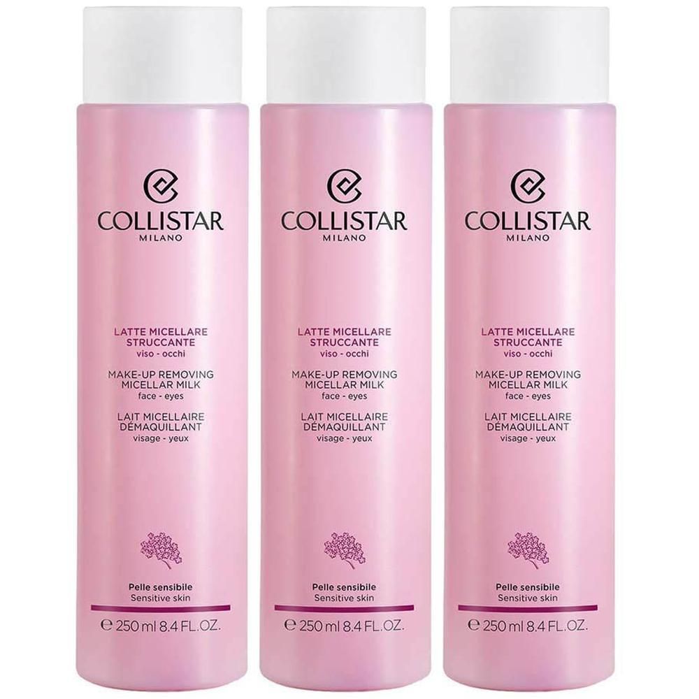 Drie flessen Collistar Make-up Remover Melk voor gevoelige huid, elk 250 ml.