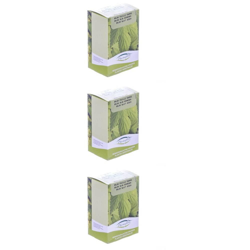 Trois paquets de feuilles de boldo coupées. Emballage vert et blanc avec motif de feuilles.