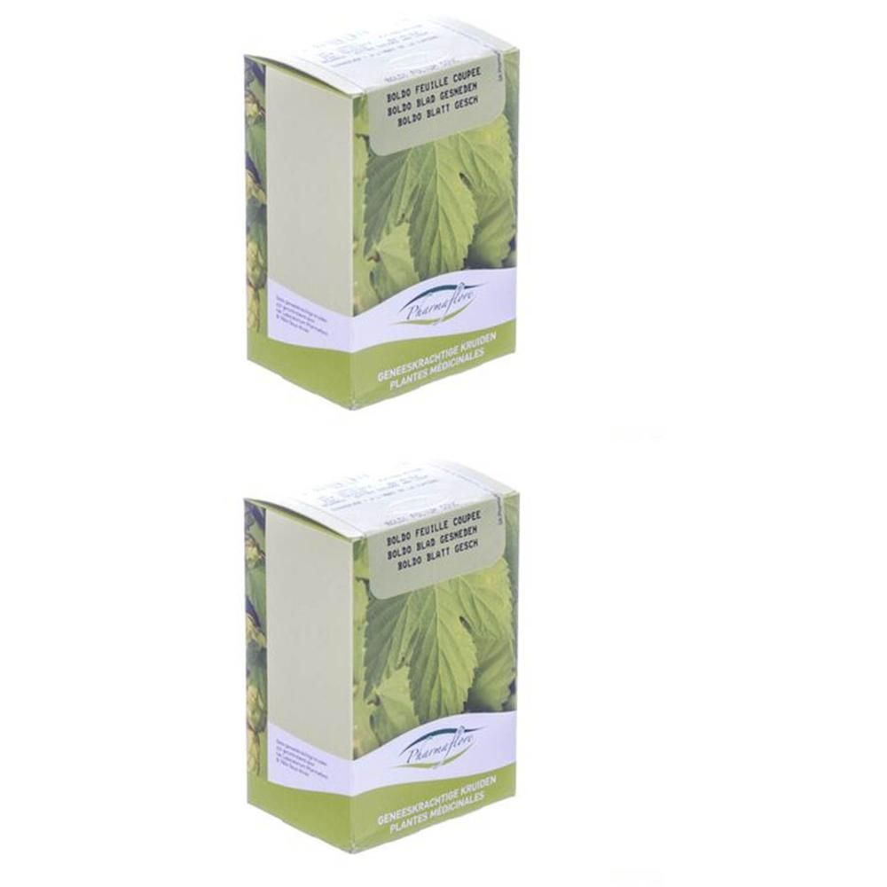 Deux paquets de Pharmaflore Boldo feuille coupée. Feuilles vertes sur l'emballage.
