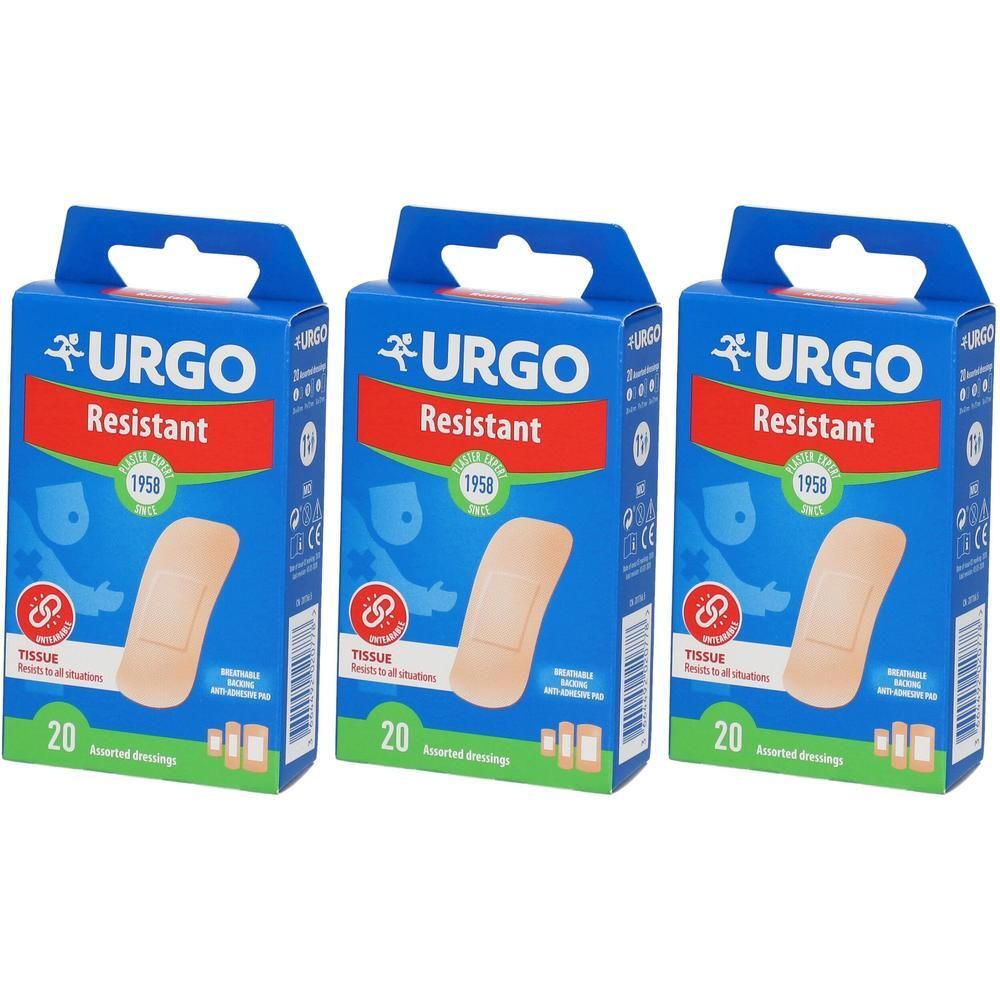 Trois boîtes de pansements Urgo Resistant, chacune contenant 20 pansements. Des pansements beiges de différentes tailles sont visibles.