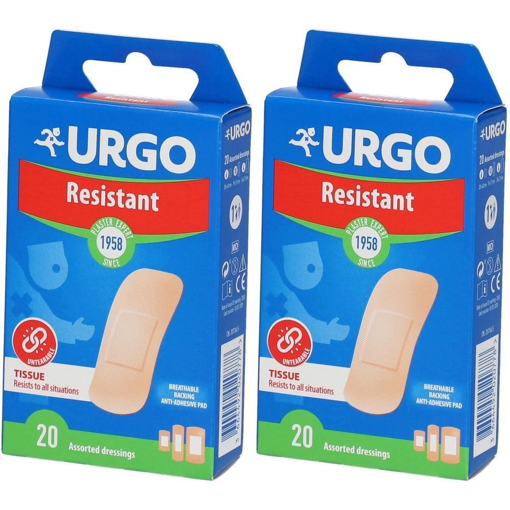 Twee pakken Urgo Resistant pleisters, 20 stuks per pak.