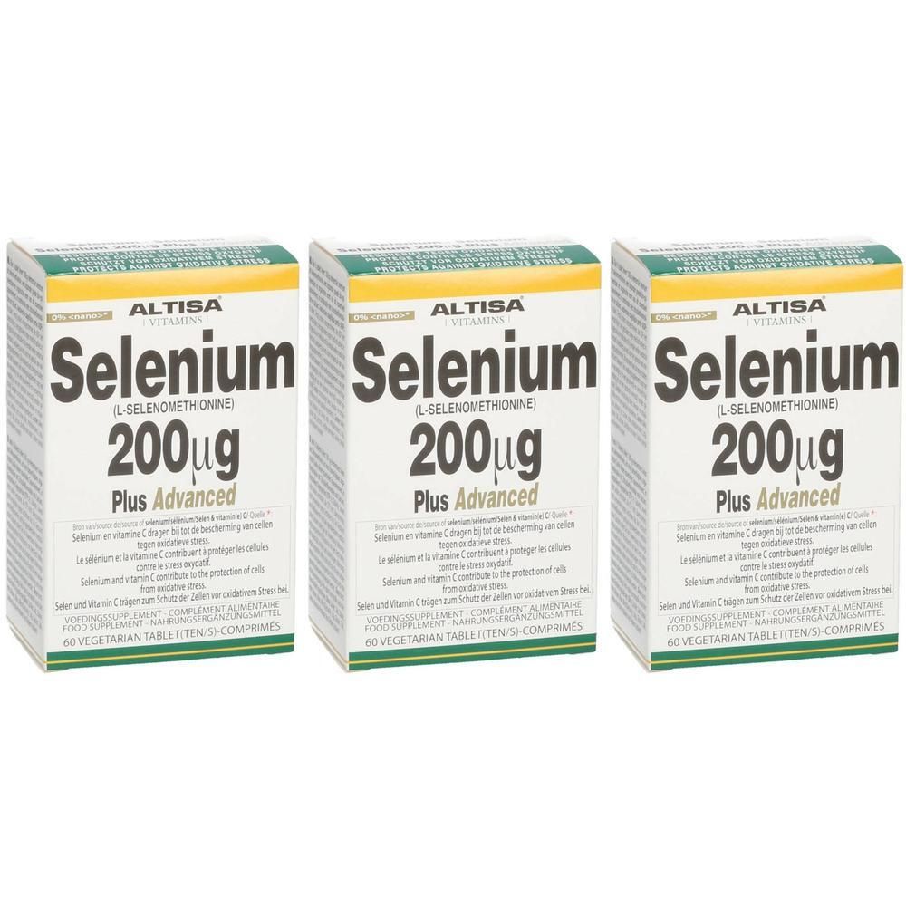 Drie verpakkingen Altisa Selenium Plus Advanced 200µg met elk 60 vegetarische tabletten.