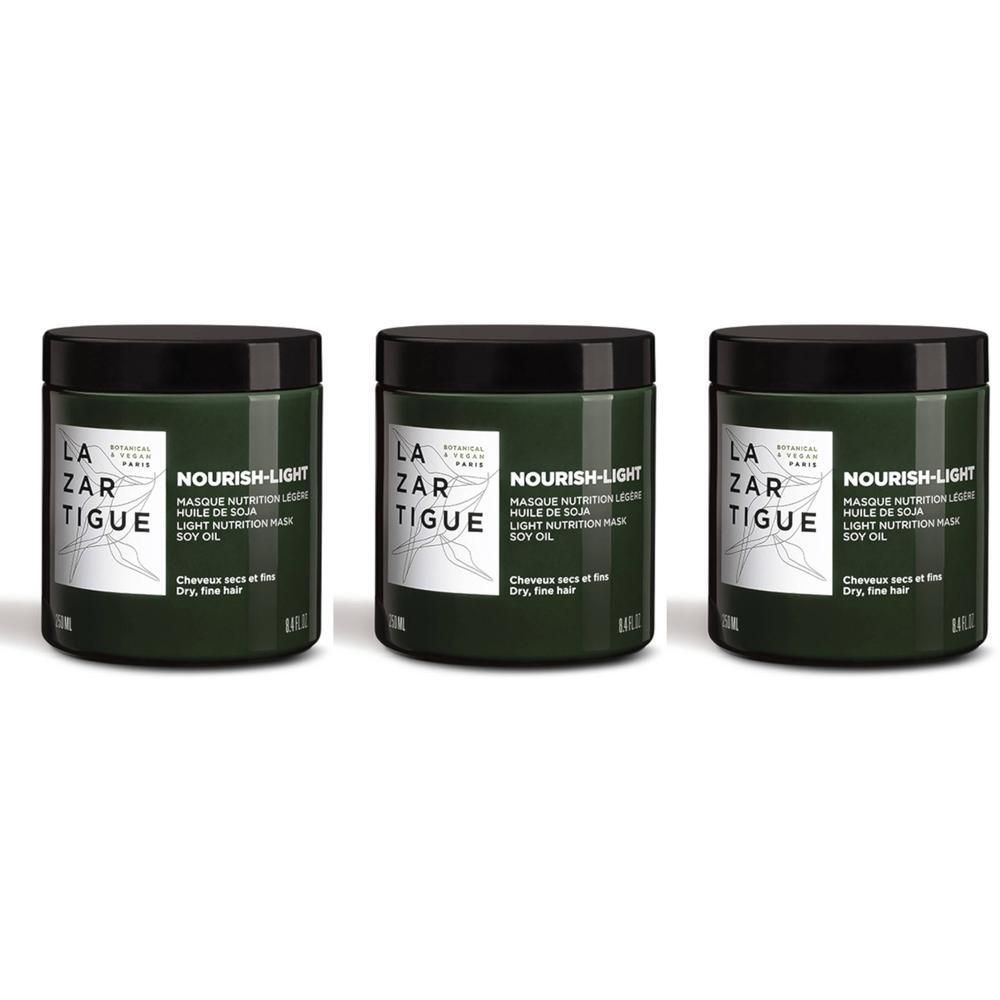 Drie Lazartigue Nourish-Light haarmaskers in donkere potten met zwarte deksels.