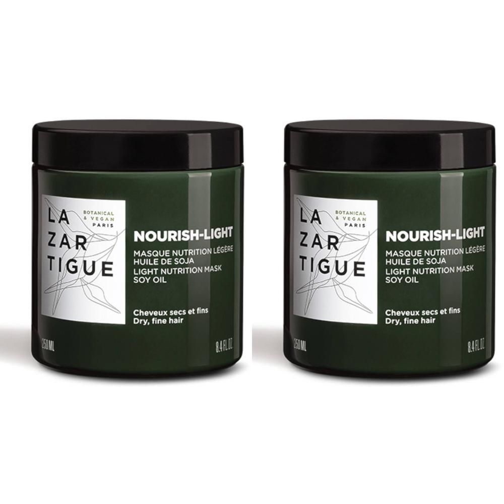 Twee Lazartigue Nourish-Light lichte voedende haarmaskers met sojaolie.