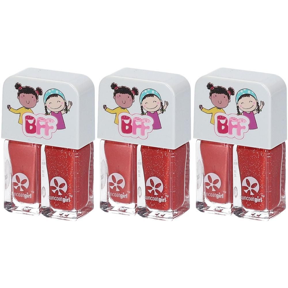Drie flesjes rode en glitter nagellak met BFF-opdruk.