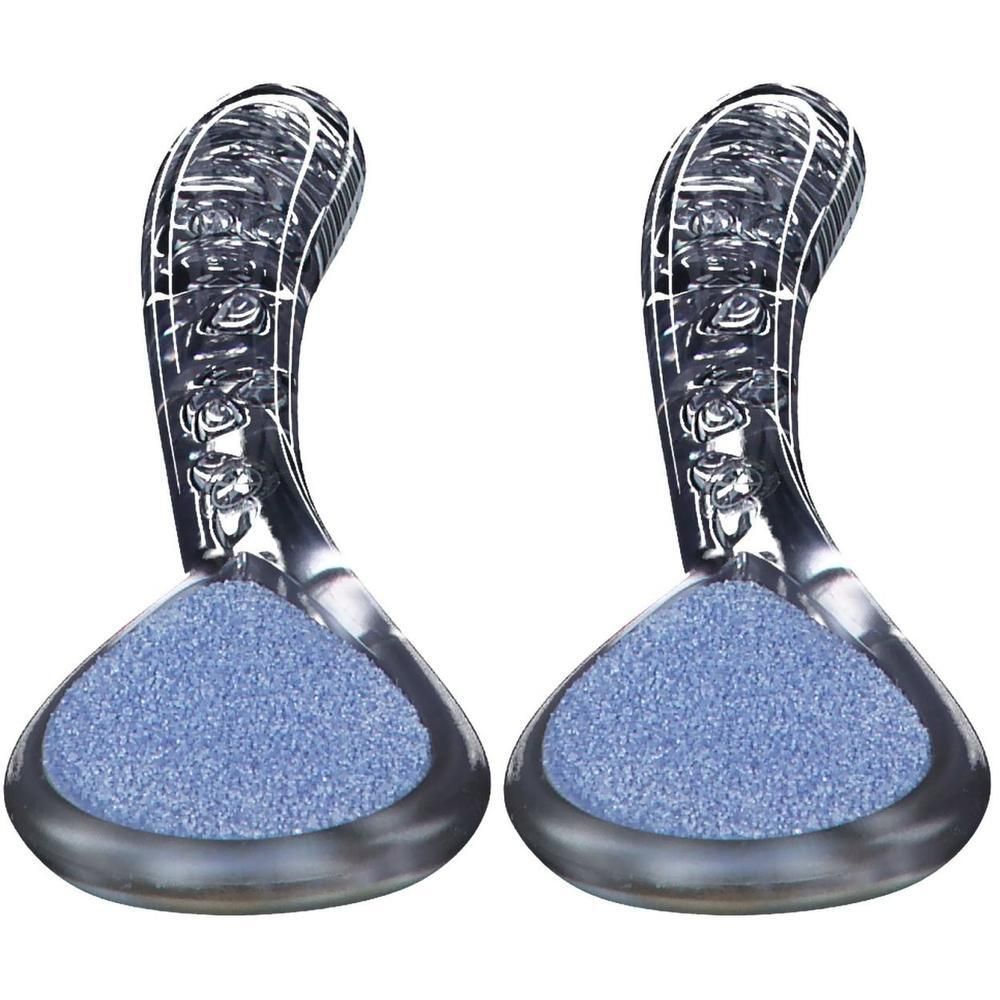 Deux râpes à pieds transparentes avec surface abrasive bleue et manche courbé.