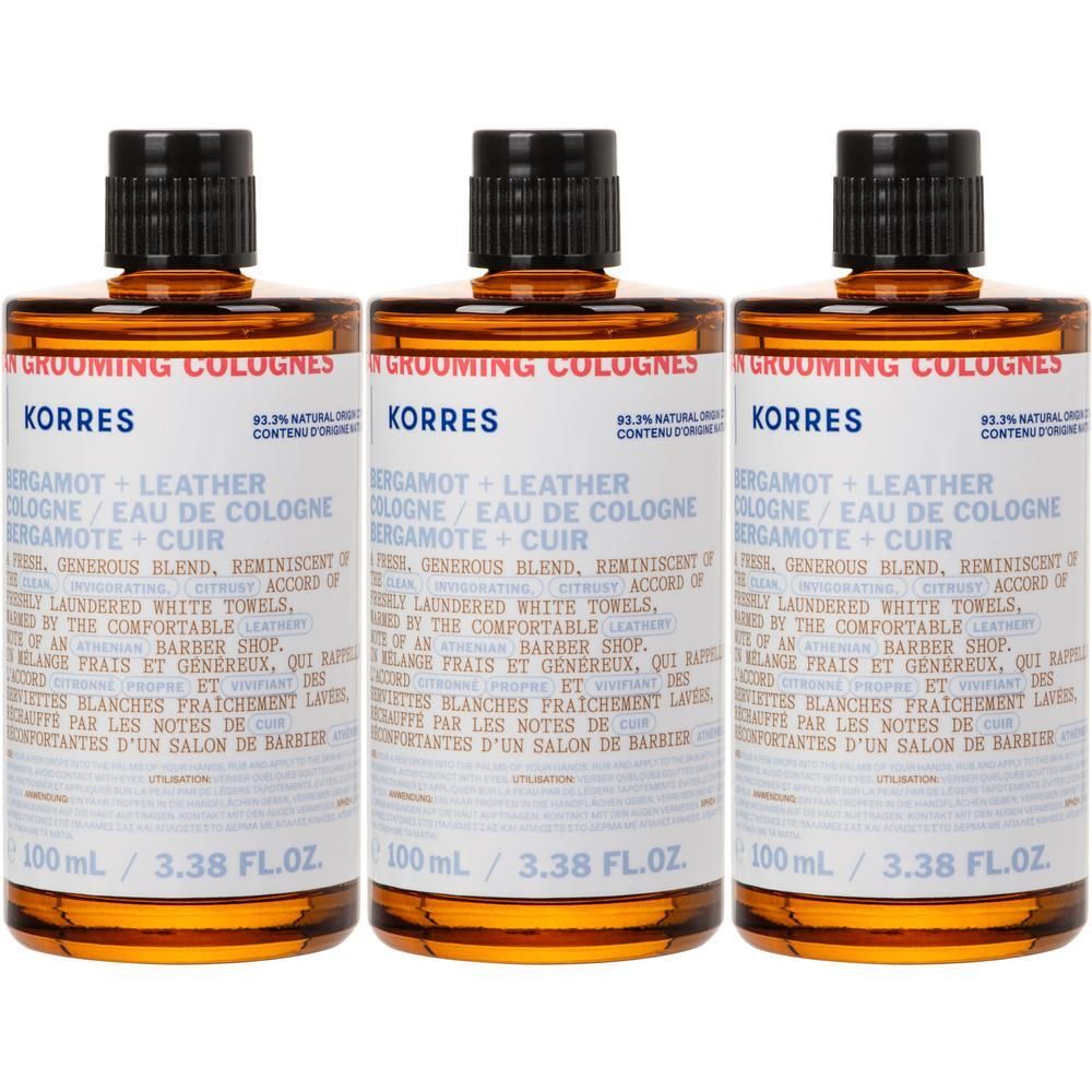 Drie flessen Korres Bergamot + Leer Eau de Cologne, 100ml.