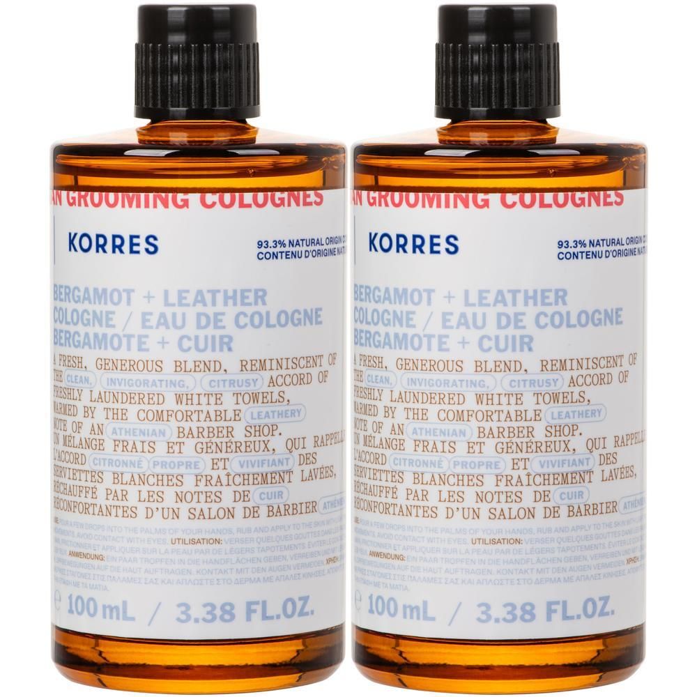 Twee flessen Korres Bergamot + Leer Eau de Cologne, 100 ml.