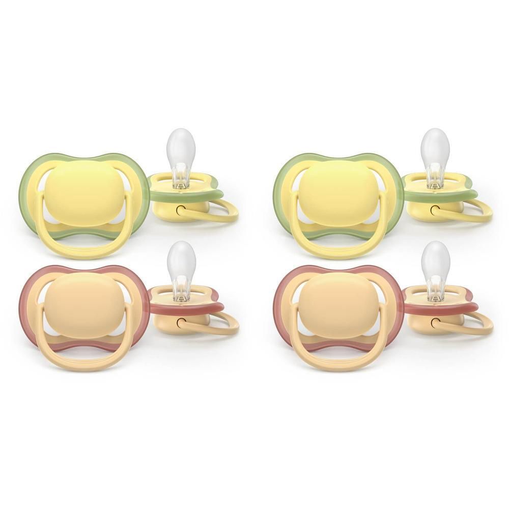 Deux sucettes Philips Avent Ultra Air, une beige/verte et une rose/orange.
