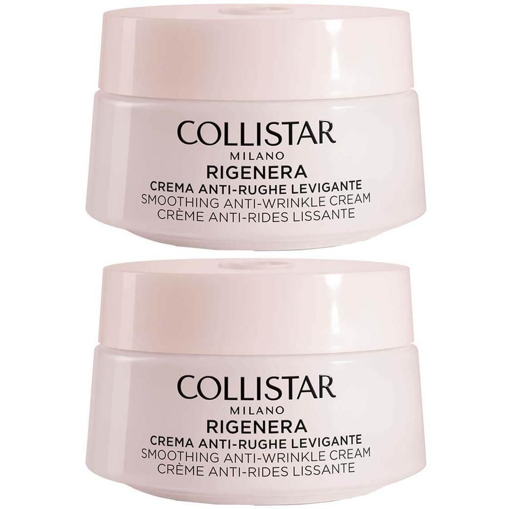 Deux pots blancs de Crème Lissante Anti-Rides Rigenera Collistar.