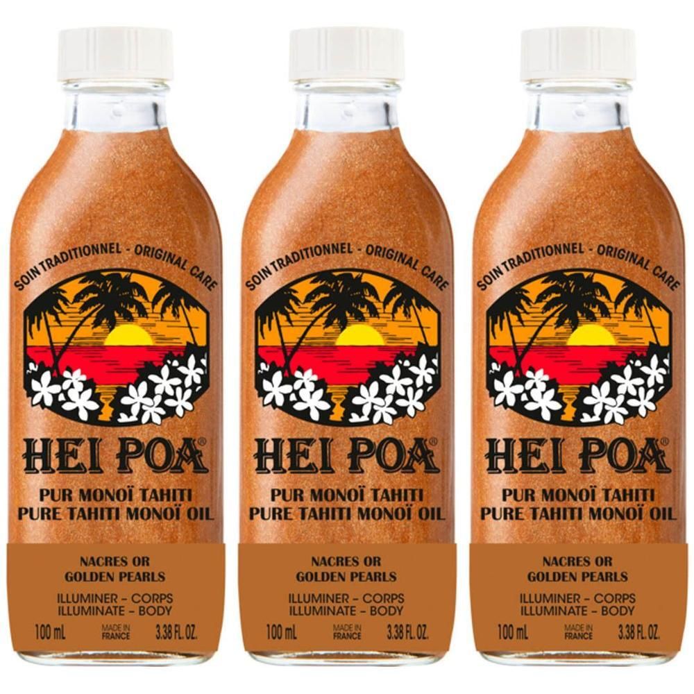 Trois bouteilles de Hei Poa Pur Monoï Tahiti aux nacres dorées.