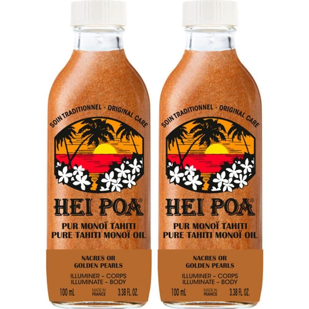 Twee flessen Hei Poa® Pur Monoï Tahiti met gouden parels, 100ml.