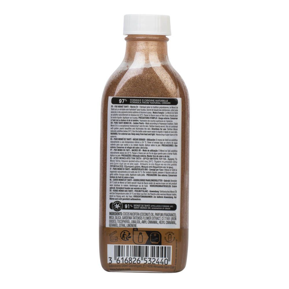 Arrière d'un flacon Hei Poa® Pur Monoï Tahiti avec ingrédients et instructions.