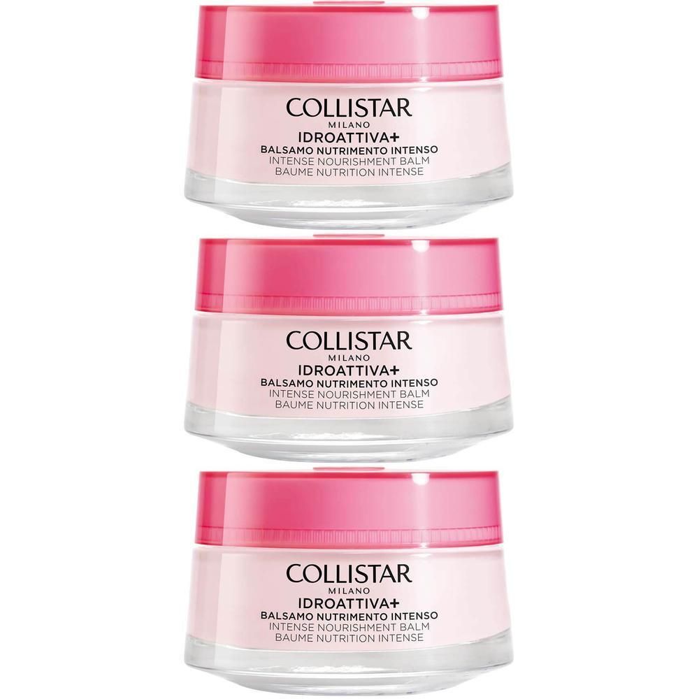 Trois pots de crème Collistar Idroattiva+ Baume Nutrition Intense avec couvercles roses.