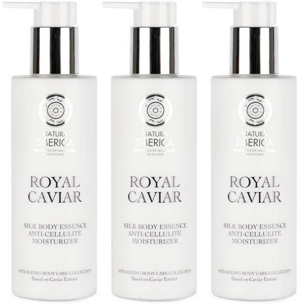 Drie witte pompflesjes met Natura Siberica Royal Caviar Anti-Cellulite Body Essence.
