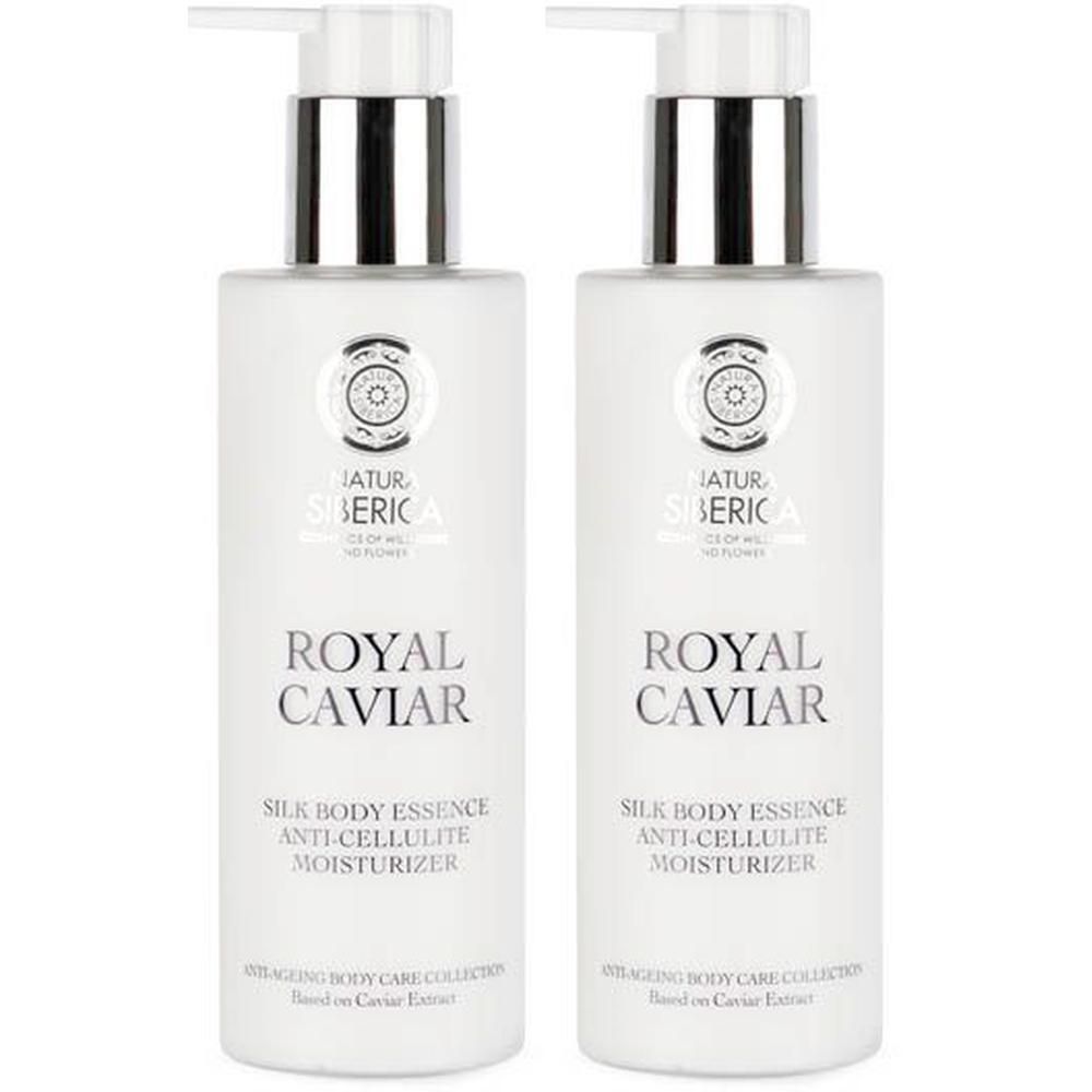 Twee flessen Natura Siberica Royal Caviar Anti-Cellulite Body Essence met pompdoseringen.