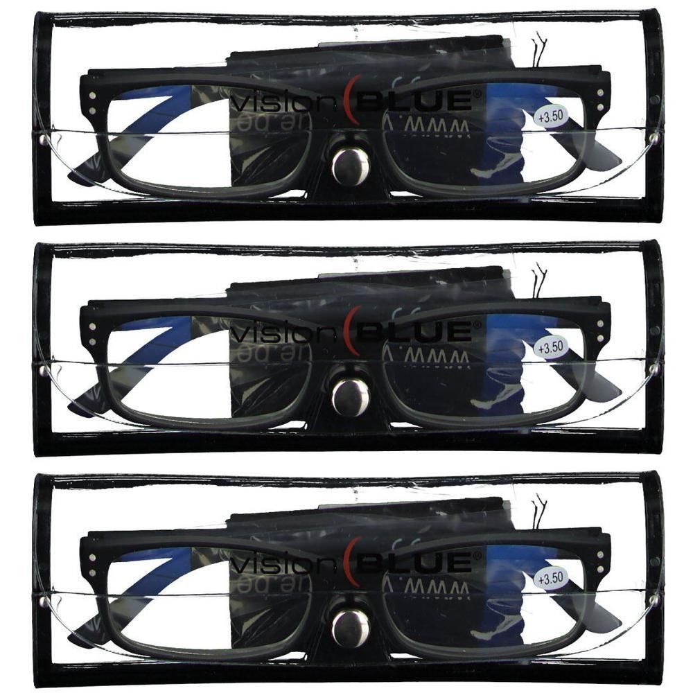 Trois paires de lunettes de lecture noires avec étuis. Les verres ont une puissance de +3.50.