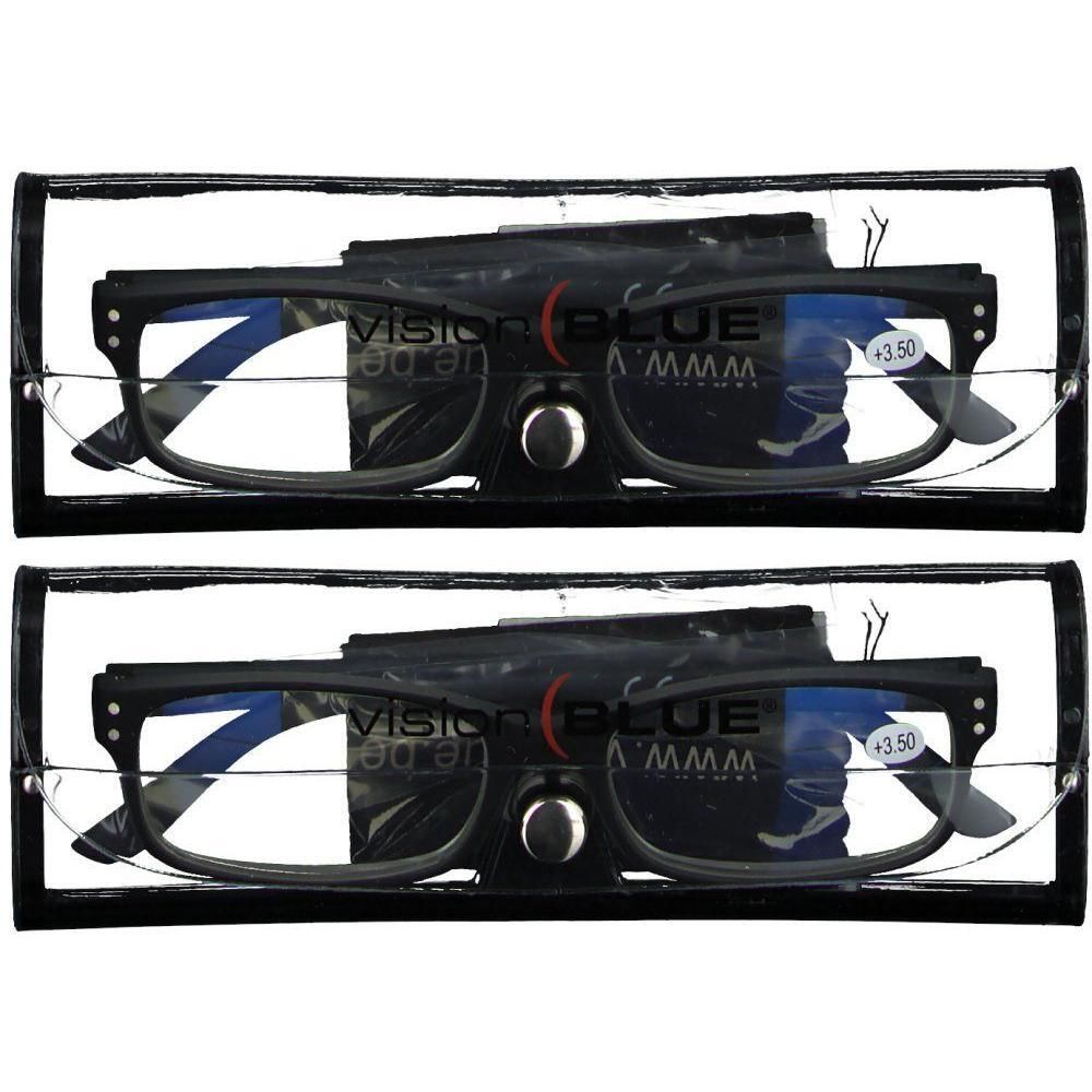 Deux paires de lunettes de lecture noires +3.50 dioptries, chacune dans un étui transparent.