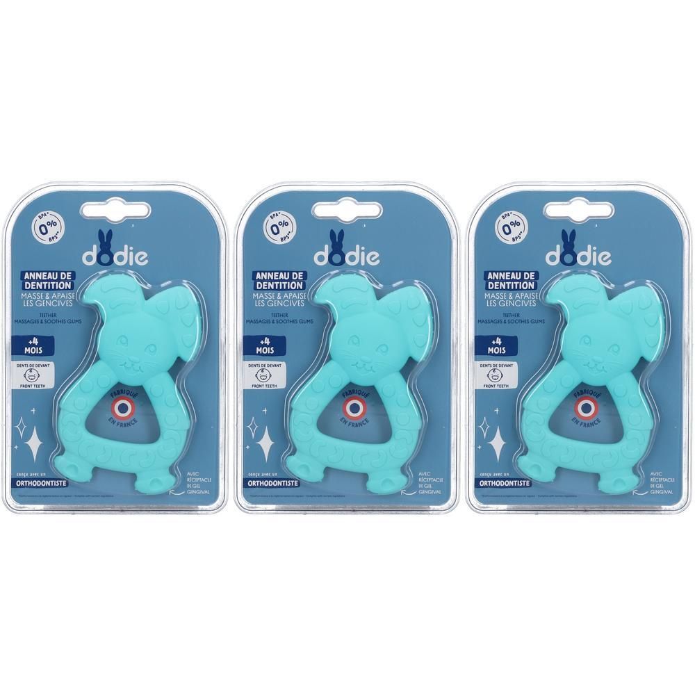 Trois anneaux de dentition bleu lagon en forme de lapin, présentés en emballage blister.