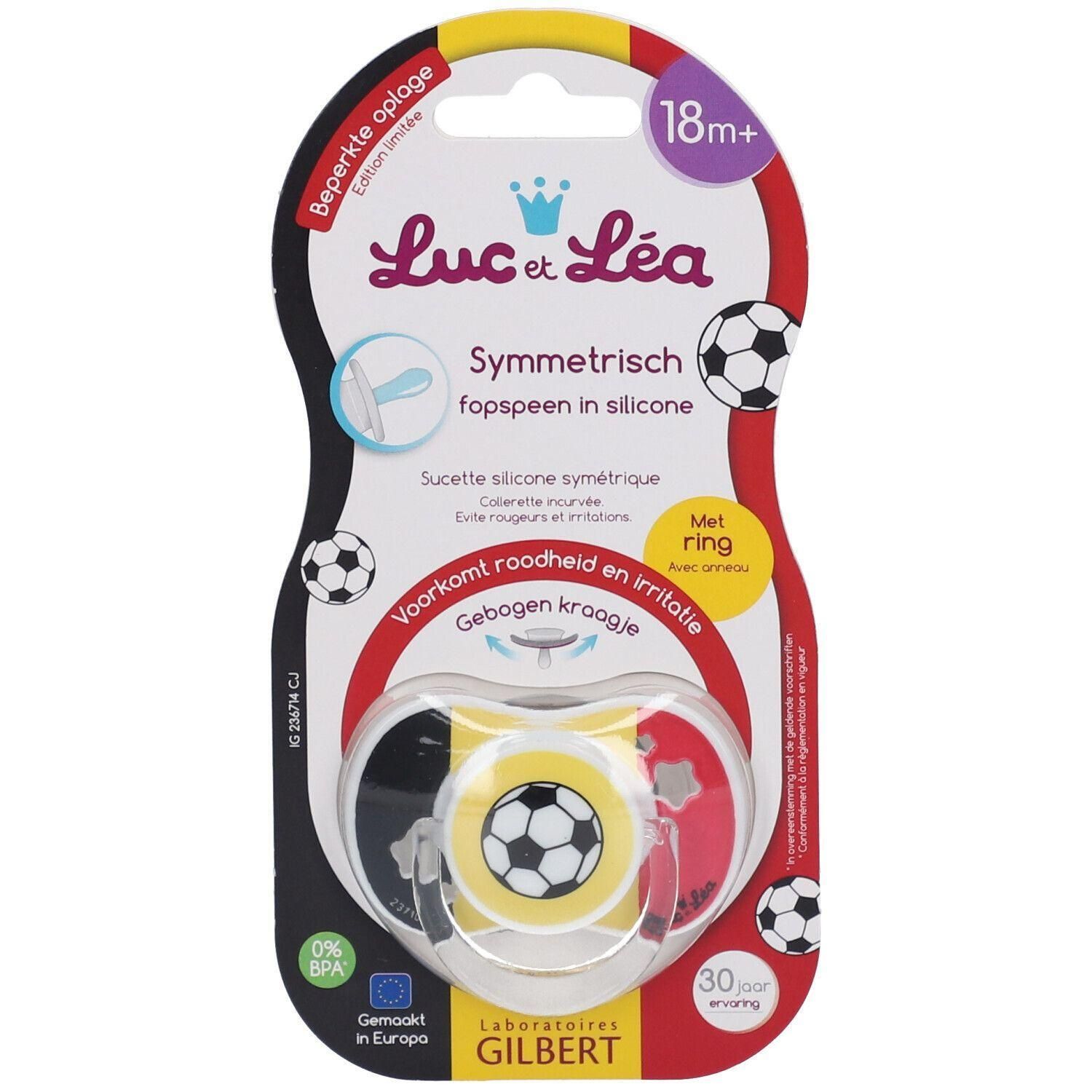Sucette symétrique en silicone avec motif football et anneau, 18m+.