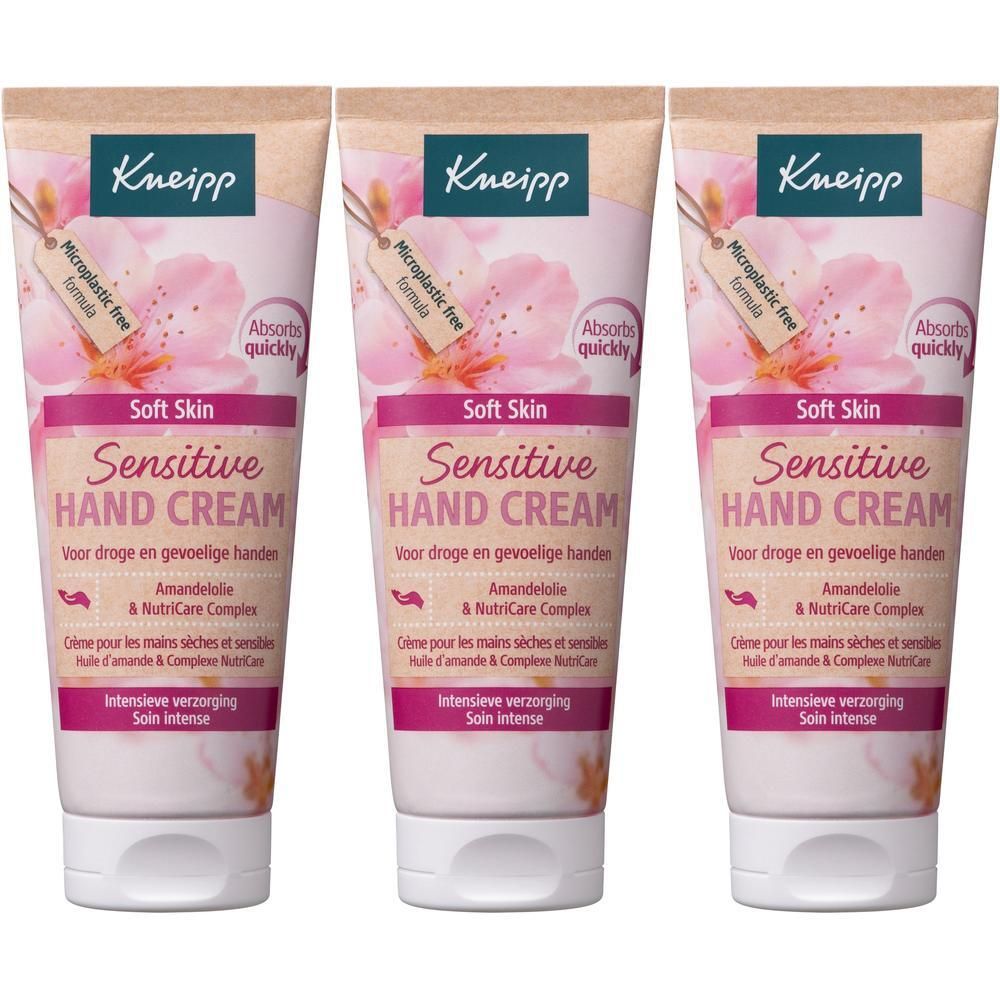 Drie tubes Kneipp Sensitive Hand Cream Soft Skin met Amandelolie & NutriCare Complex.