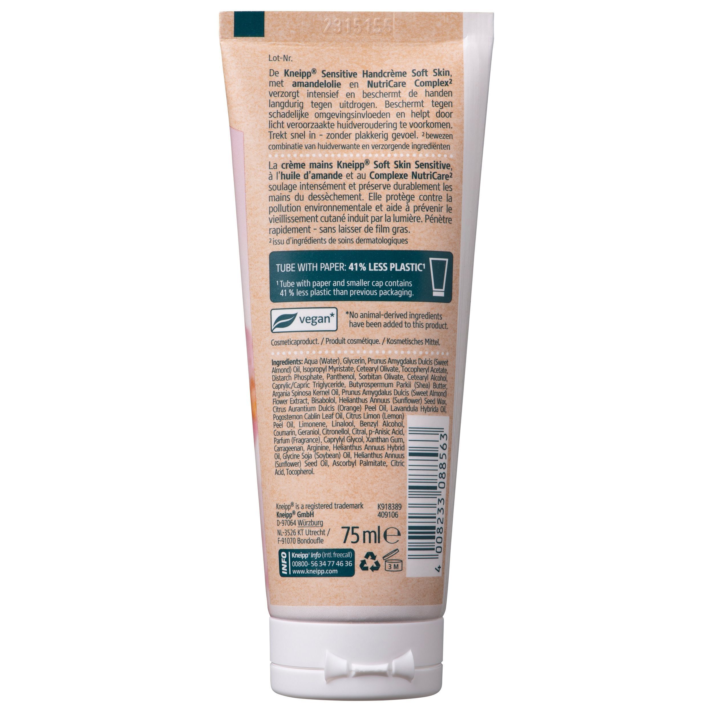 Arrière d'un tube de Crème Mains Sensible Peau Douce Kneipp, 75ml, avec ingrédients et labels.