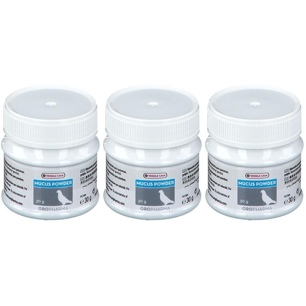 Trois pots de Mucus Powder, chacun 30g.