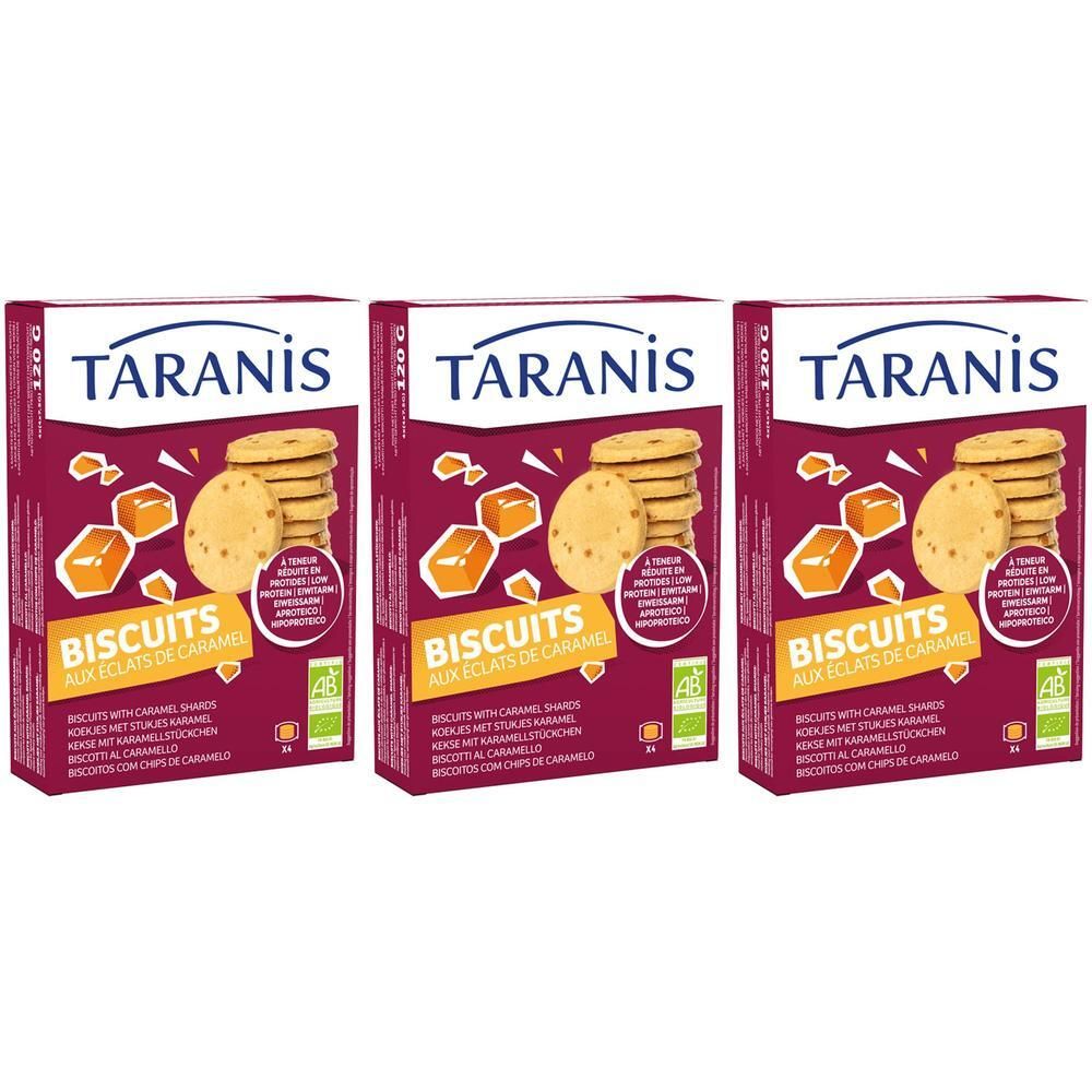 Trois paquets de biscuits bio Taranis aux éclats de caramel.