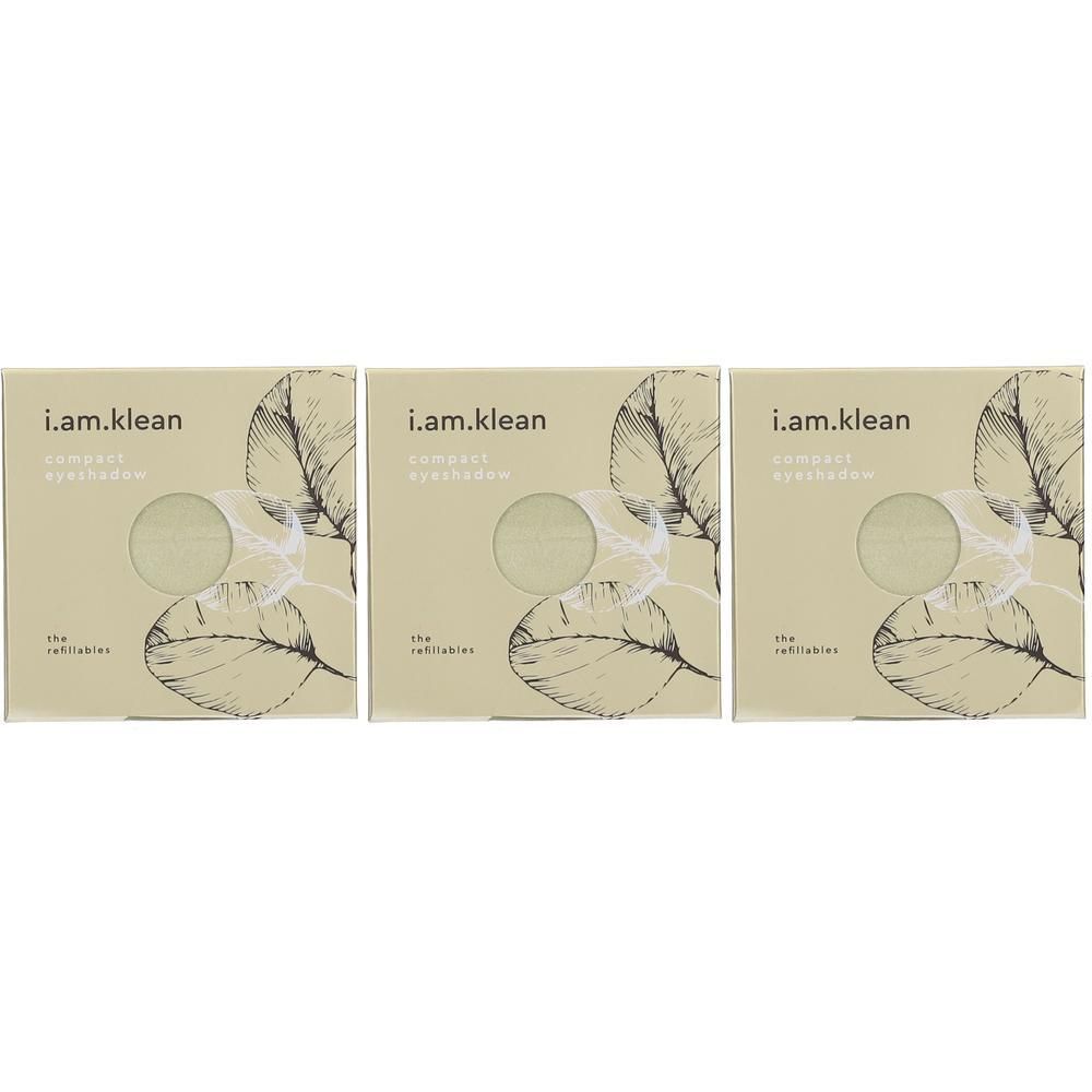 Drie i.am.klean Compact Mineral Eyeshadow verpakkingen met bladtekeningen.