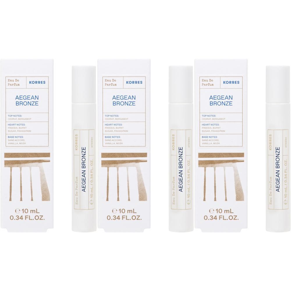 Quatre flacons de Korres Eau de Parfum Roll-On Aegean Bronze, 10 ml chacun.