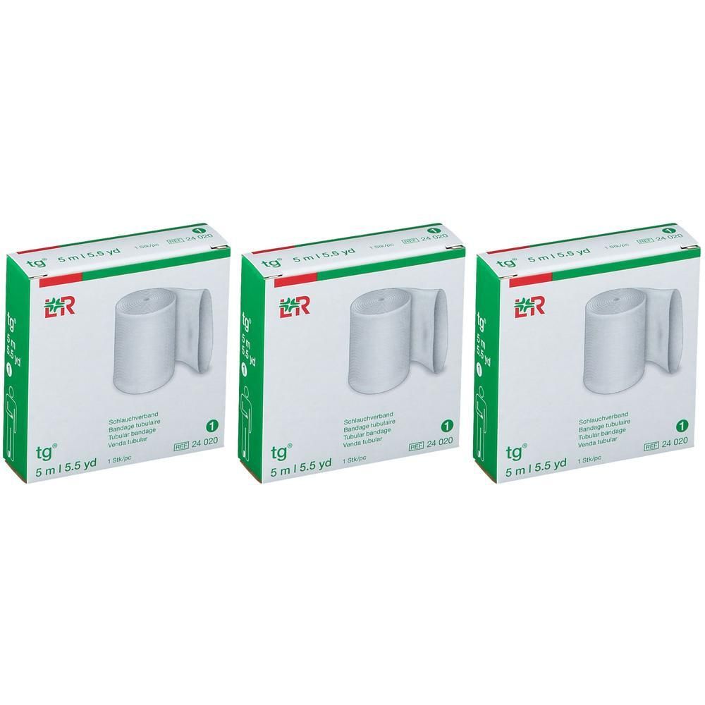 Drie verpakkingen TG Buiskous 5m x 5.5yd. Wit verband op rol in de verpakking.